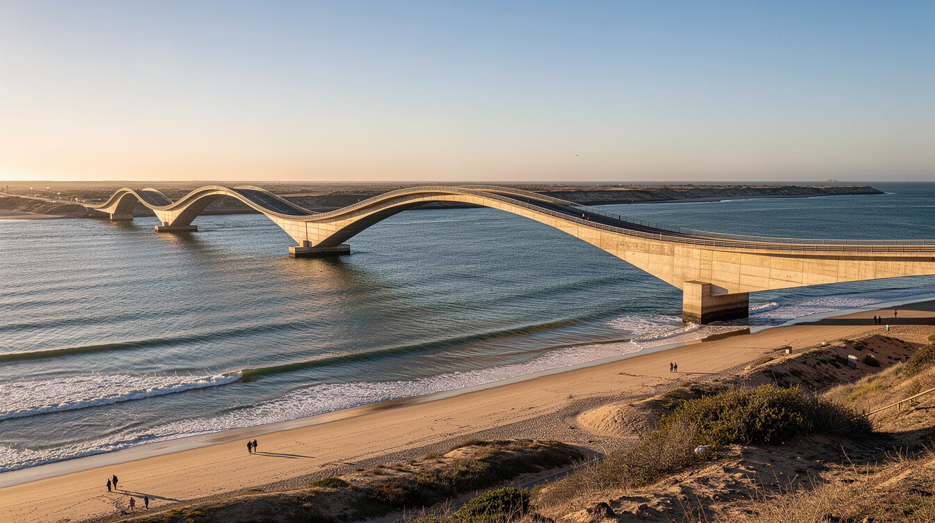 La Barra bridge over the river with surfers on the beach