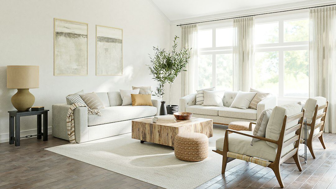 Elegant living room styled with linen and natural materials