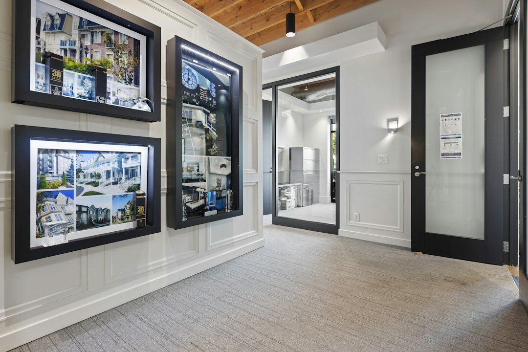 Boutique real estate office interior with ocean light